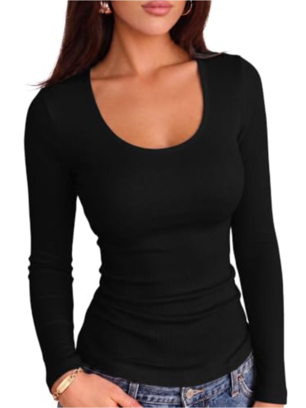 Women's Scoop Neck Ribbed Knit Short Sleeve Slim Fit T-Shirt